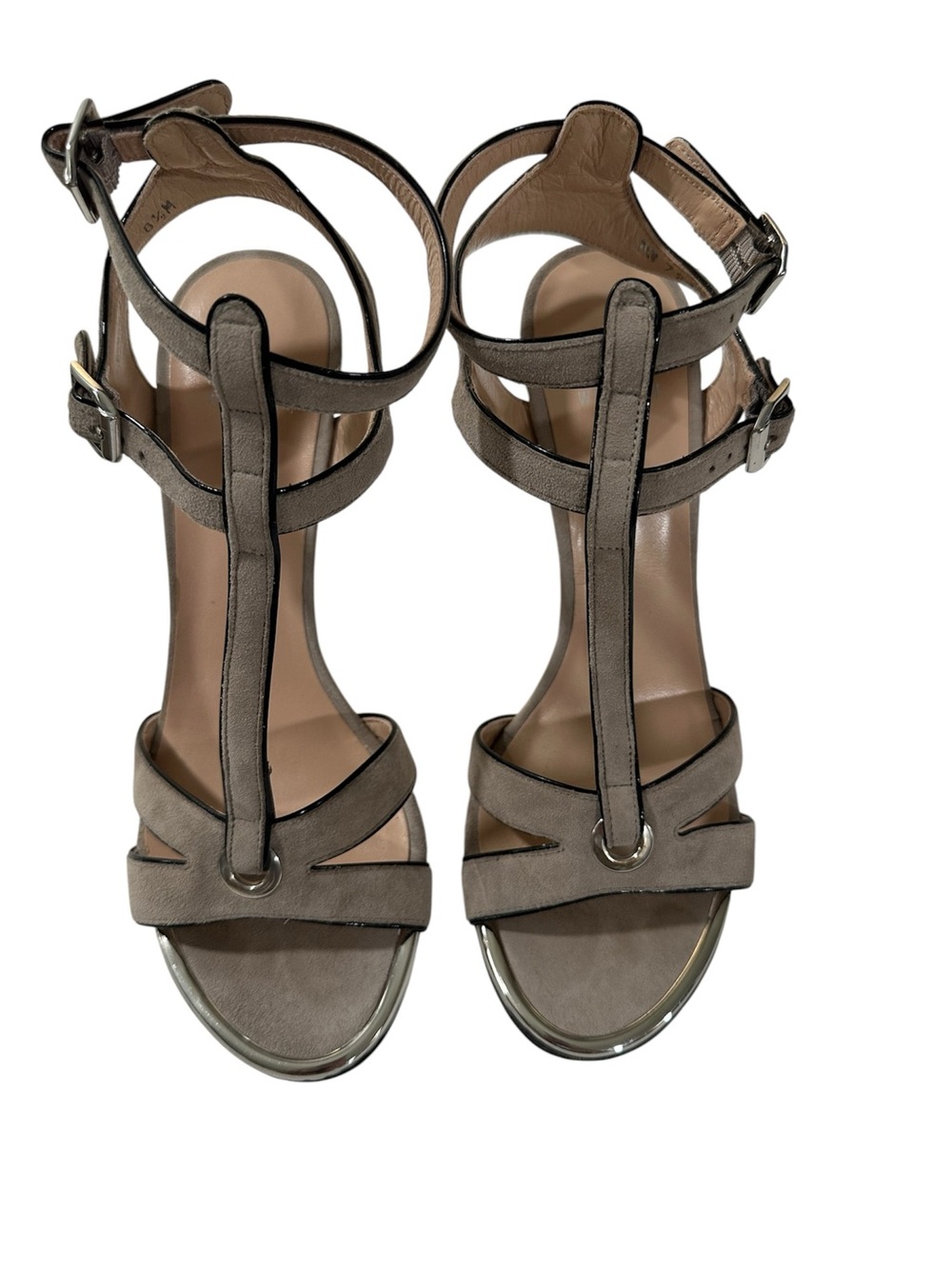 Stuart Weitzman "Accent" Grey Suede T-Strap Stiletto Heels Sandals - Size 8.5M
